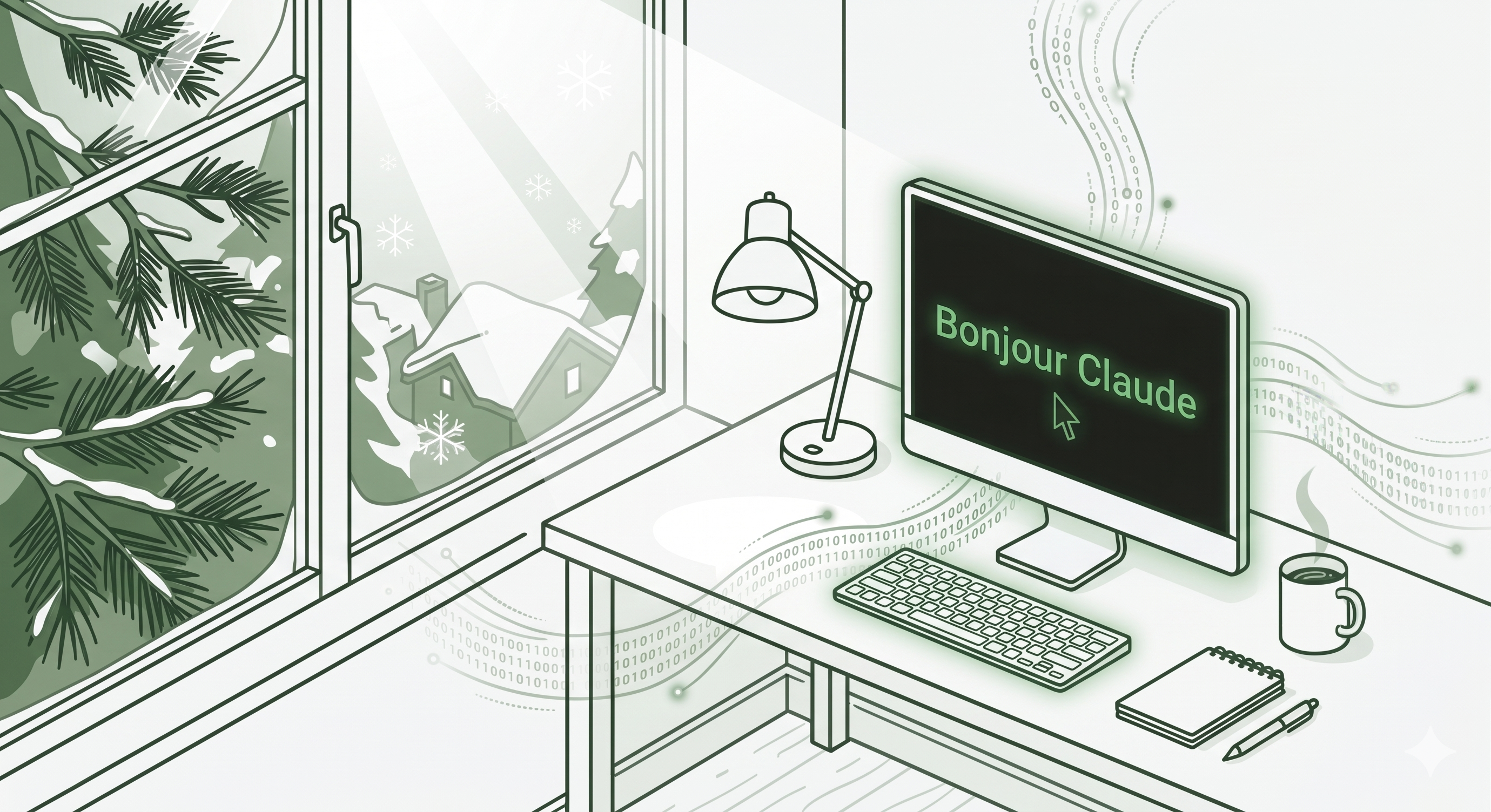 Bureau matinal, écran affichant Bonjour Claude — infrastructure IA d'entreprise